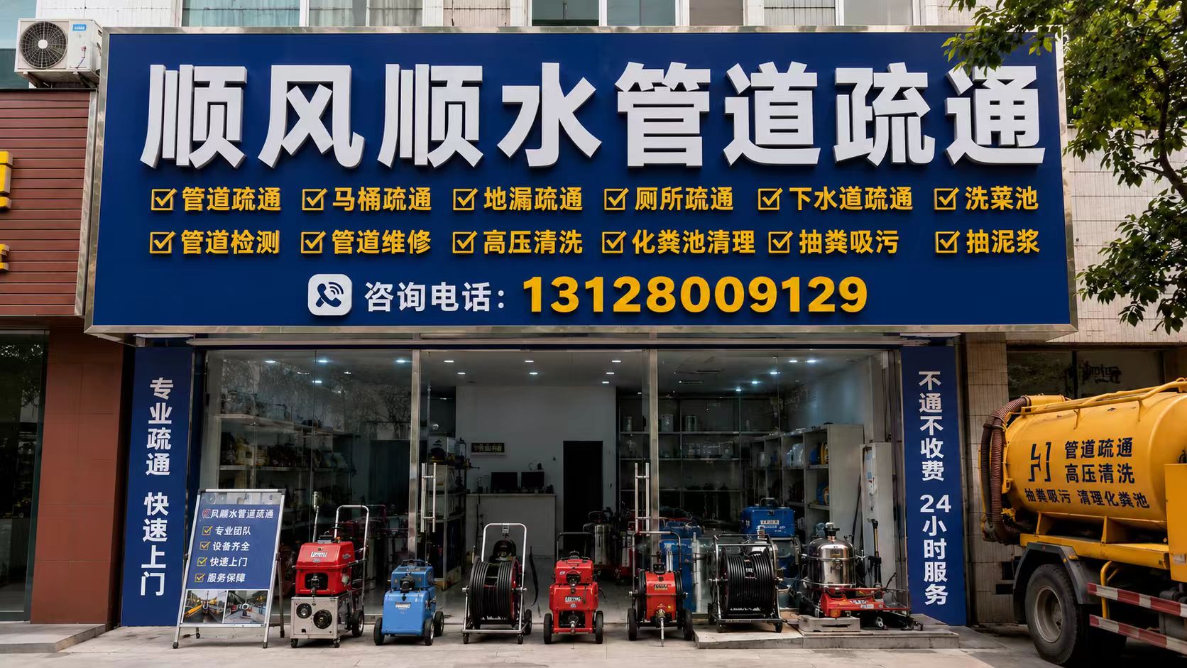 顺风顺水管道疏通门头实拍,现场公示电话13128009129和主要服务